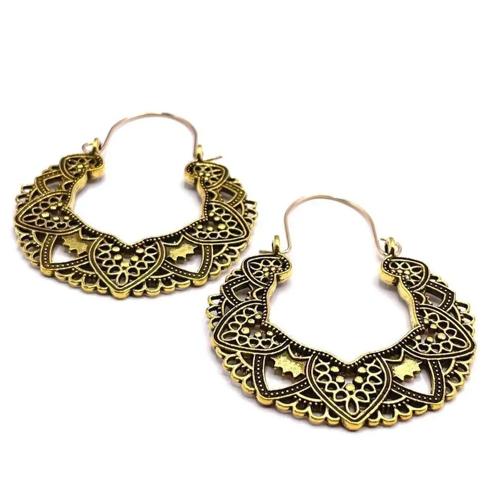 Yellow Gold Detailed Boho Mandala Dangling Drop Hinged Hook Earrings